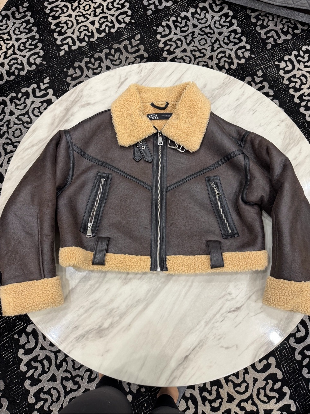 Zara women Brown Faux-Leather Pea Coat with Tan Shearling Trim